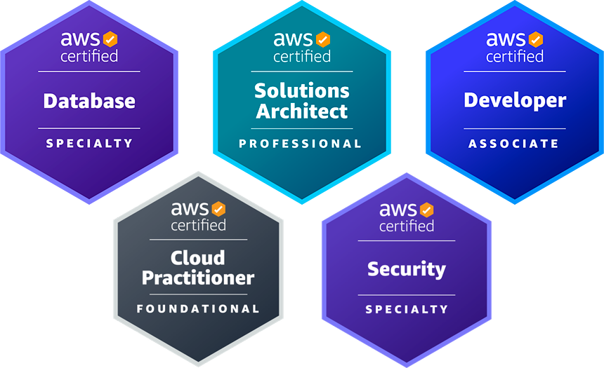Certificações AWS: Database, Solutions Architect, Developer, Cloud Practitioner, Security